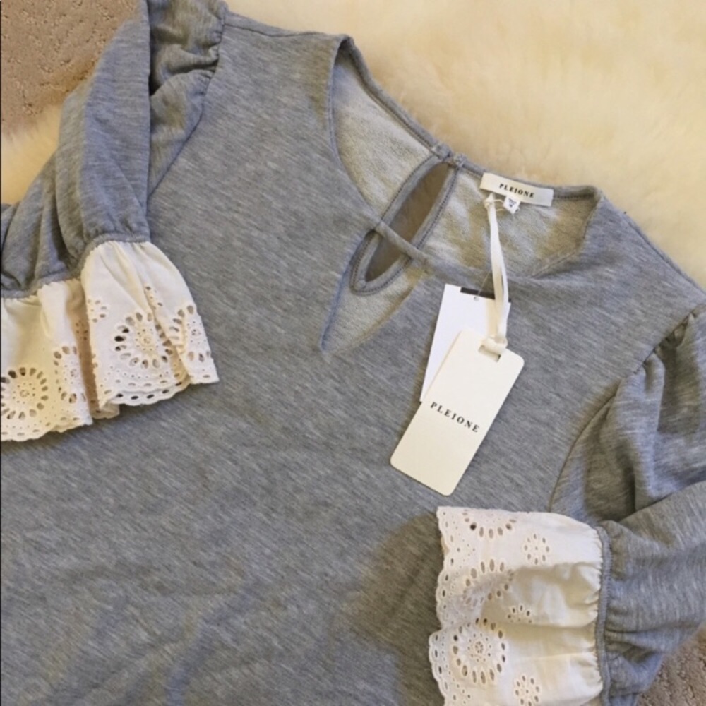 Pleione Eyelet Trim Gray Sweatshirt - Picture 3 of 7